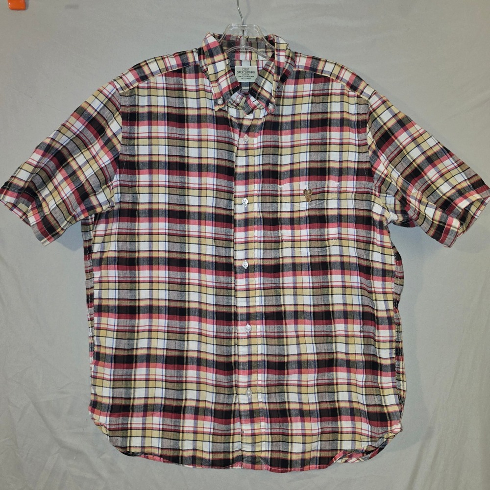Coen Button Down Shirt XL Mens Red Tan Plaid french Linen Short Sleeve Easy Chic